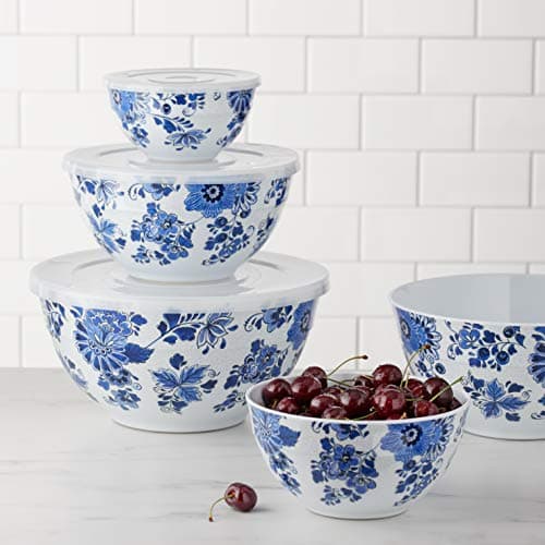 Amazon Basics Nesting Melamine Mixing Bowls with Lids and Non-Slip Base, Dishwasher Safe, Space Saving, 5 Sizes, Blue and White Floral, Set of 10 5