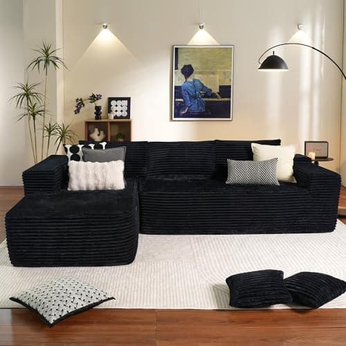 ovios 104" Cloud Boneless Couch with L-Shape Chaise,Modern Sectional Modular Sofa with Deep Seat, Upholstered Couches for Living Room Bedroom,No Assembly Required, Black (Plush Corduroy Fabric)