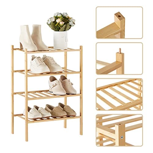 Trenect 4-Tier Narrow Shoe Rack for Entryway Closet - Stackable Organizer Storage, Bamboo Vertical Small Shelf, Free Standing, D11 * W17.7 * H26.2 Inches (Natural) 7