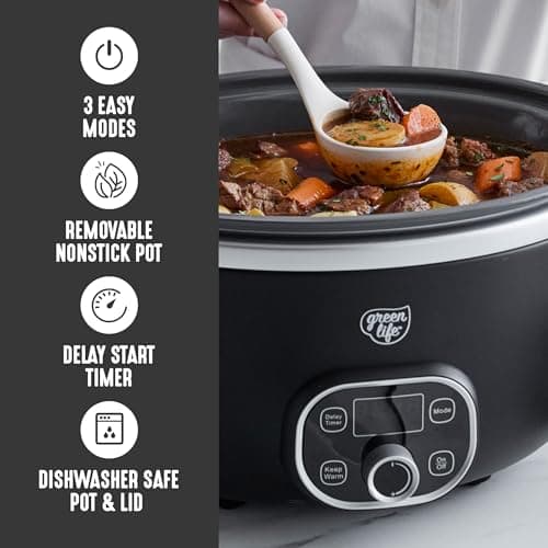 GreenLife 6QT Slow Cooker, Non-Toxic PFAS-Free Ceramic Nonstick Removable Interior Bowl, Programmable, Family Friendly, Keep Warm, Stovetop & Oven Safe, Dishwasher Safe Crock, Timer, Glass Lid, Black 7