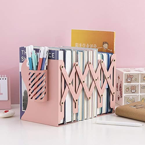 JIARI Adjustable Metal Bookends with Expandable Design, Blue, Heavy-Duty Book Organizers for Shelves, 1pcs Pen Holder (Blue) 6