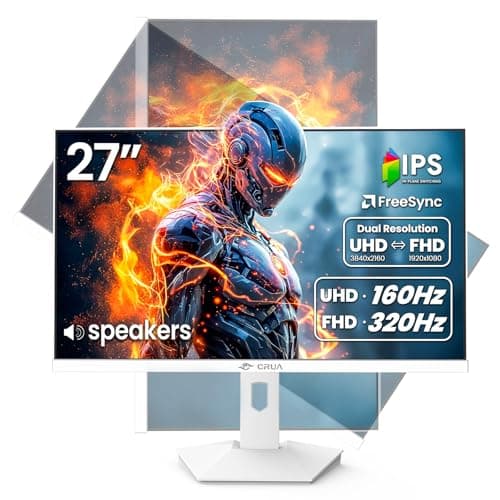 CRUA 27” Gaming Monitor, IPS UHD 3840x2160 4K 160Hz / FHD 320Hz Dual Mode White Computer Monitor, Rotating/Pivot & Height-Adjustable, AMD FreeSync, Built-in Speakers, PIP/PBP, HDMI 2.1 & DP 1.4