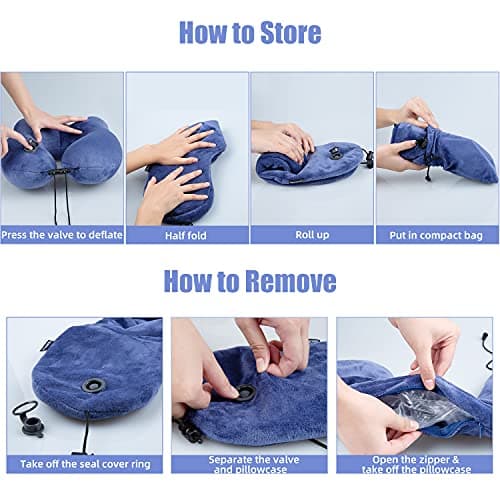 Extra-Compact Travel Neck Pillow, 100% Soft Velvet Inflatable Neck Support Airplane Pillows with 3D Eye Mask and Earplugs for Adults Kids, Best Travel Essentials for Sleeping / Reading / Camping(Blue) 7