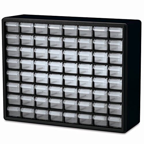Akro-Mils 64-Drawer Plastic Drawer Storage Cabinet for Garage Organization, Bead Organizer, Building Bricks Storage, Teacher Toolbox, Makeup Organizer, 20" W x 6" D x 16" H, 10764 Black