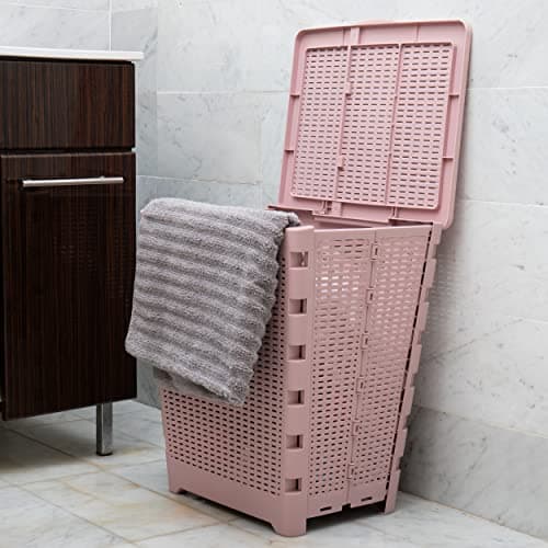 Mind Reader 61L Foldable Laundry Hamper, Clothes Basket, Lid, Wicker Design, Plastic, 18"L x 14.5"W x 21.25"H, Pink 5