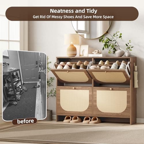 Nicetree Shoe Cabinet Storage for Entryway, Narrow Shoe Organizers with 4 Flip Drawers, Freestanding Large Shoe Rack with 3-Tier Adjustable Shelves for Hallway (4-Drawers, Oak Color) 6