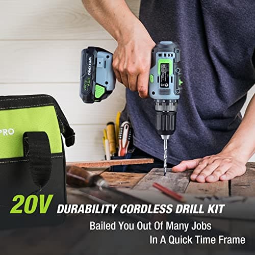 WORKPRO 20V Cordless Drill Driver Kit, 3/8'' Keyless Chuck, 2.0 Ah Li-ion Battery, 1 Hour Fast Charger and 11-inch Green Storage Bag Included 7