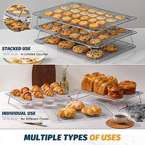 HIWARE Oven-Salf Collapsible Cooling Rack for Baking, 3 Tier 12”x 16.5”, Stainless Steel and Fit Half Sheet, Stackable Wire Cooling Racks for Cookie, Pizza, Cake 5