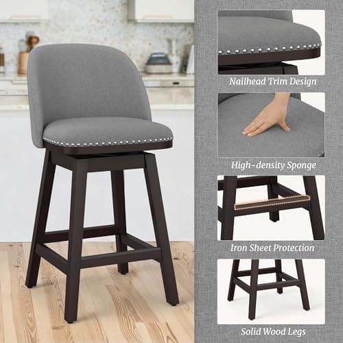 Cozyman Swivel bar stools Set of 3, 26" Performance Fabric Upholstered Counter Height Bar Stools with Back, Solid Wood Legs with footrest, Retro Nailhead Trim Barstools for Kitchen Island, Grey 4