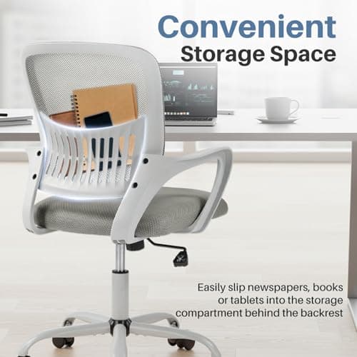 DUMOS Home Office Computer Chair - Ergonomic Mid Back Desk with Lumbar Support and Rocking Mode, Height Adjustable with Fixed Armrest, for Conference Meeting Room, 360° Swivel, Adults, Grey 8