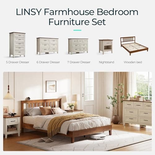 LINSY Queen Bed Frame, Wood Platform Bed Frame with Headboard, Solid Wood Bed with Wood Slat Support, No Box Spring Needed, Easy Assembly, Walnut, Queen 8
