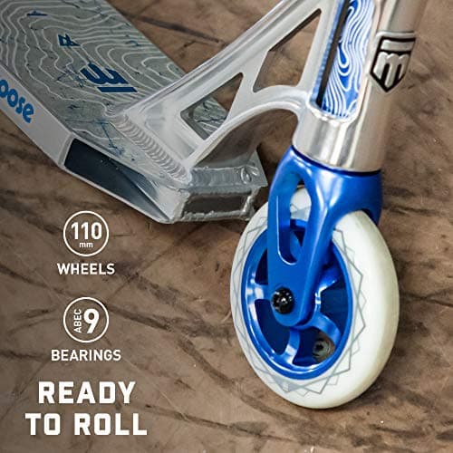 Mongoose Rise 110 Team Freestyle Stunt Trick Scooter, Lightweight Alloy Deck & Heavy-Duty Frame Up to 220 lbs., Bike-Style Grip, High Impact 110mm Wheels, Silver/Blue 5