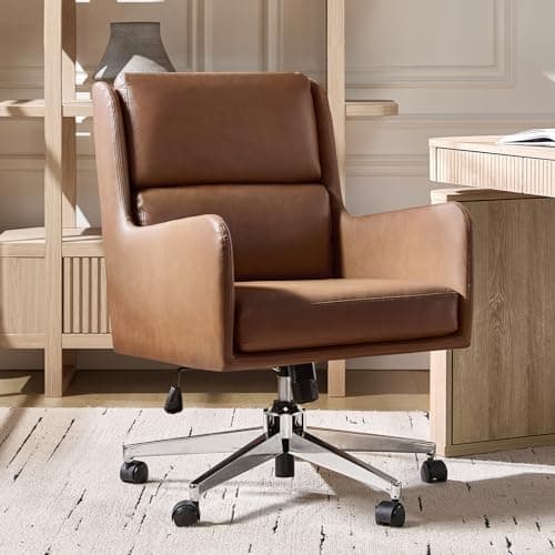 HULALA HOME Faux Leather Home Office Desk Chair, Tilting & 360°Rotation Mid-Back Square Chair, Comfy Upholstered Task Armchair with Wheels, Camel