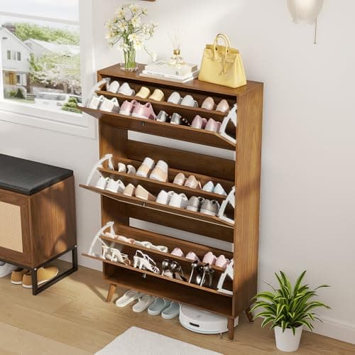Fsbecl Shoe Storage Cabinet for Entryway with 3 Flip Drawers, Narrow Shoe Organizer with Fluted Panel, Freestanding Wood Hidden Shoe Cabinet for Hallway(Walnut, 31.4''W, Double Layer) 8