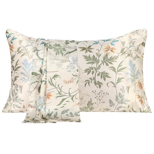MANSPHIL Sage Green Mulberry Silk Pillow Cases Standard - Farmhouse Floral Printed 22 Momme Silk Top with Satin Underside Pillowcase for Hair and Skin, Envelope Closure, 1PC