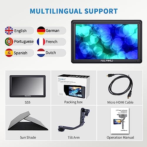 FEELWORLD S55 5.5 inch Camera DSLR Field Monitor Small Full HD 1920x1152 IPS LUT Video Peaking Focus Assist with 4K HDMI 8.4V DC Input Output Professional Video Accessories 8