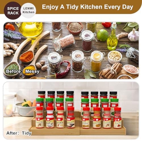 Lenwi Spice Rack Organizer for Cabinet, 3 Tier Expandable Bamboo Spice Storage for Kitchen Cupboard Pantry 5