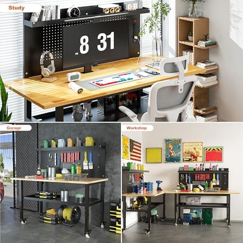 60" Heavy Duty Adjustable Workbench with Large Pegboard& Partition, Adjustable Work Table with Power Outlets & Lockable Wheels, Rubber Wood Workstation for Garage, Workshop, Office, Home, Commercial 6