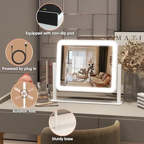 FENNIO Vanity Mirror with Lights 14"×12" Makeup Mirror with Lights,Lighted Vanity Mirror Tabletop,Smart Touch with 3-Color Lighting,Dimmable,for Vanity Desk Tabletop 5
