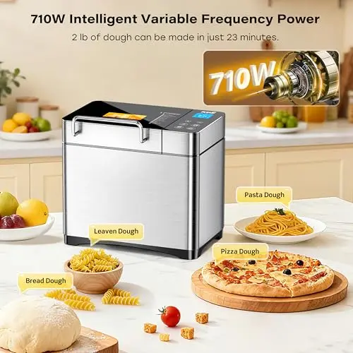 KBS Pro 710W 2LB Bread Maker, Stainless Steel 17-in-1 Smart Bread Machine with Healthy Ceramic Pan, Automatic Nut Dispenser, Tempered Glass Touch Panel, 3 Crust Colors, 15H Timer& Keep-Warm, Recipes 7