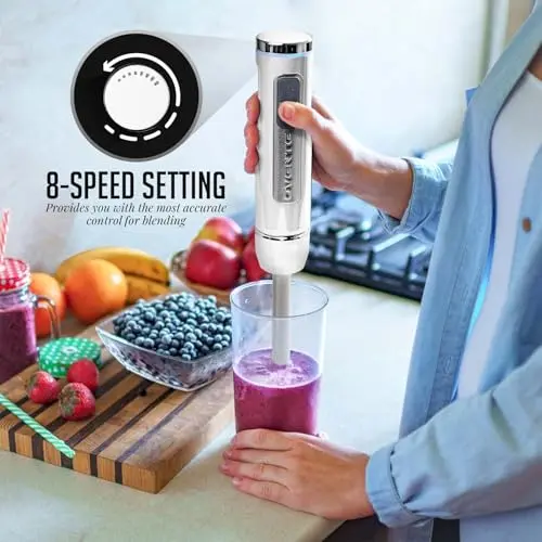 OVENTE Cordless Immersion Hand Blender, Rechargeable Handheld Portable Stick Mixer with 8 Mixing Speed Option, One-Touch Control and Stainless Steel Blades for Smoothies, Shakes or Soups, White HR781W 6