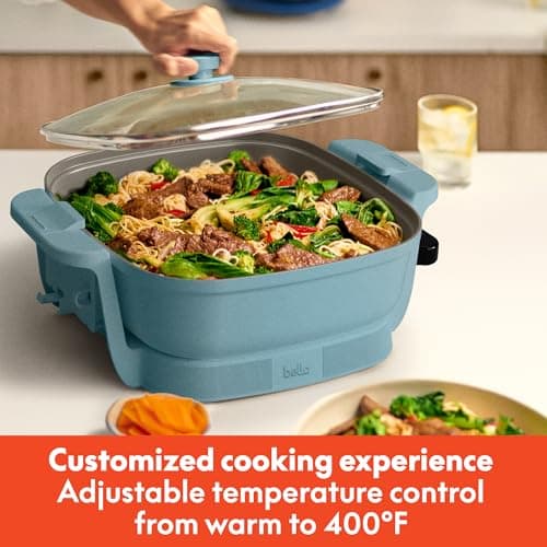 bella Make & Take Electric Skillet, Fits-anywhere™ kitchenware, EverGood™ Ceramic Coating, Adjustable Temperature & Dishwasher-Safe Tempered Glass Lid, Cast Aluminum Base, 1200 Watt, Surf 5