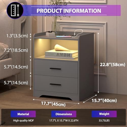 dnbss Grey Night Stand with Wireless Charging Station, Nightstand with 2 Drawers, Smart Bedside Table with 24-Color RGB Lighting, Modern LED Lighted Nightstand for Bedroom 2