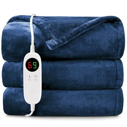 HYLEORY Heated Electric Blanket Throw 50" x 60" Soft Warm Flannel with 6 Heating Levels & 9 Hours Timer Auto Shutt Off, Heating Blanket for Full Body - Navy Blue