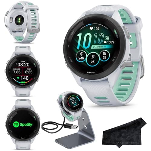 Garmin Forerunner 265S Advanced Multisport Touchscreen Smartwatch, Whitestone, Heart Rate Monitor, Daily Suggested Workouts, Up to 15 Day Battery Life - Signature Charging Bundle