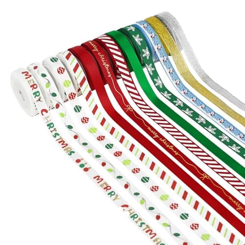 MEEDEE Christmas Ribbon 3/8 inch Thin Holiday Ribbon Set in Red, Green, White, Gold & Silver Color 12 Rolls 60 Yards Perfect for Gift Wrapping, Xmas Wreath Decor, Garlands, and Holiday Crafts