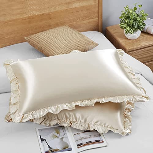 SiinvdaBZX Ruffled Queen Satin Pillowcase Set of 2, Beige Silky Satin Pillow Cases for Women Ruffle Pillow Shams Covers Princess Room Decoration, with Envelope Closure