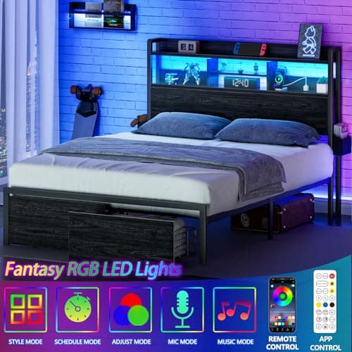 Furnulem Full Size Bed Frame with Wood Headboard, Metal Platform Bed Frame Full Size with 2 Storage Drawers and Shelf, LED Lights and Charging Station, No Box Spring Needed, Noise Free, Black 5