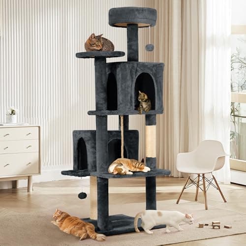 TSCOMON 58.5inch Large Cat Tree Tower Condo for Indoor Cats, Soft Plush Multi-Level Climbing Tree Cat House with 1 360° Rotating Cat Cave, Scratching Post, More Entrance/Exit, Sisal Rope, Grey Black 6