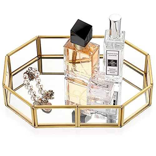 Hipiwe Mirror Glass Vanity Tray - Gold Ornate Makeup Tray Vintage Octagonal Perfume Tray Dresser Trays Jewelry Trinket Organizer for Bathroom Storage Trays for Home Decor