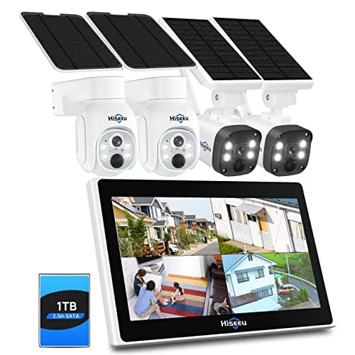 Hiseeu Wireless Security Camera System Outdoor,PTZ Dome + Bullet Solar-Powered Camera Outdoor,[1TB HDD,4MP Spotlight] 10CH 10 Inch LCD,Smart Human Detection,2-Way Audio, No Montly Fees