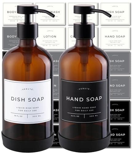 Hand and Dish Soap Dispenser for Kitchen and Bathroom, Set of 2 16 Oz Glass Bottles, Stainless Steel Pumps, Non-Slip Silicone Base, 27 Waterproof Labels (Amber Bottle/Black Pump)
