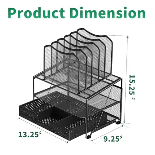 Simple Trending Mesh Desk Organizer with Sliding Drawer, Double Tray with 5 Sections File Bookshelf, Black 7