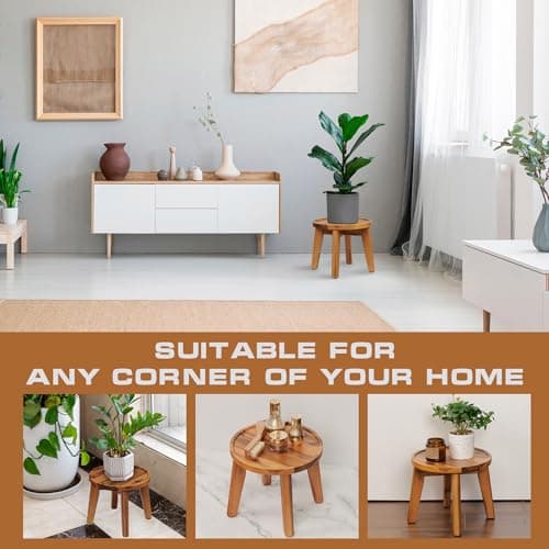 Demigo Indoor Plant Stand, Acacia Wooden Decorative Plant Shelf with Spill-Proof Tray, Stable 8” Tall Flower Holder for Heavy Pots, Gardening Display for Decor Living Room Patio - Natural Brown 5