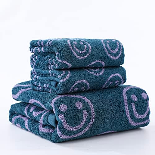 IDORESPELL Luxury Cute Smiling Face Purple Green Bath Towel Sets for Bathroom, 1 Bath Towels 2 Hand Towels Washcloths 100% Cotton Ultra Soft Highly Absorbent for Women Kids Girl Boy Face Body