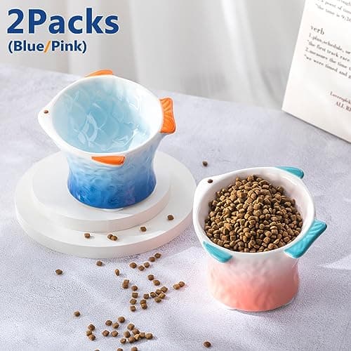 Tioncy 2 Pcs Raised Tilted Ceramic Cat Food Bowl Fish Shape Cute Elevated Slanted Shallow Angled Cat Dish Non Slip Feeder Bowl for Anti-Vomiting and Whisker Fatigue(Blue, Pink) 6