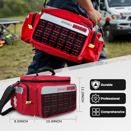 RHINO RESCUE First Responder First Aid Kit Fully-Stocked EMT Bag, Professional EMT/EMS Trauma Medical Kit, Molle System & Reflective Stripe, 300+ First Aid Supplies, Suits for Business, Home (Red) 5