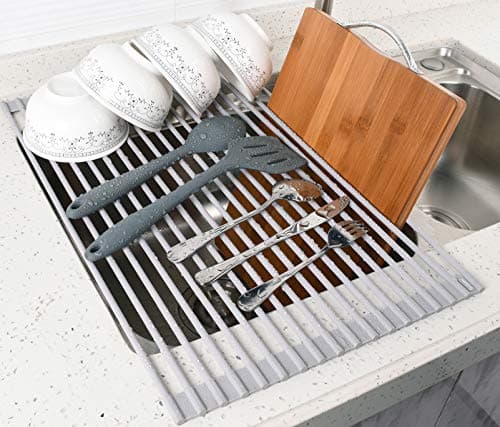 Surpahs 17.5 x 13.1 Inch Roll-Up Dish Drying Rack, Fits Across Sink Openings up to 16.5 Inches, Heavy-Duty Premium Silicone, Strong Support, Non-Slip, Heat-Resistant, Warm Gray 7