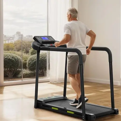 Walking Pad Treadmill for Senior, Foldable Exercise Treadmill with Stable and Safe Structural Design, Large LED Display for Elderly, Long Handrail for Balance, 300 Lbs Capacity 6
