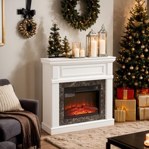 CKEASEAN 42 inch Electric Fireplace with Mantel, Portable Freestanding Wood Stove with Remote Control, 23'' Fireplace Insert Heater,1400W Realistic 3D Flame Stacked Stone Surround