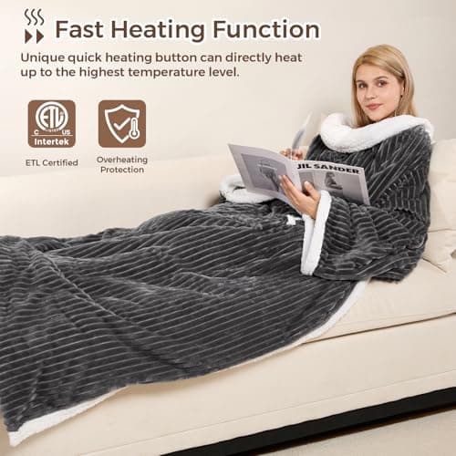 Electric Blanket Heated Throw, Soft Flannel & Sherpa Wearable Heated Blanket with Sleeves, Heating Wearable Blanket with 6 Heating & 12H Auto Off, ETL Certified, Home Office Use, 52x72 Inch, Dark Grey 7