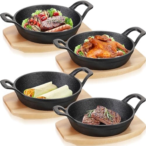 Sliner 4 Sets Mini Cast Iron Skillet Small Cast Iron Plates Skillet with Wooden Base Small Round Pan Fajita Plate Pot for Baking Cooking(6.3 Inches)