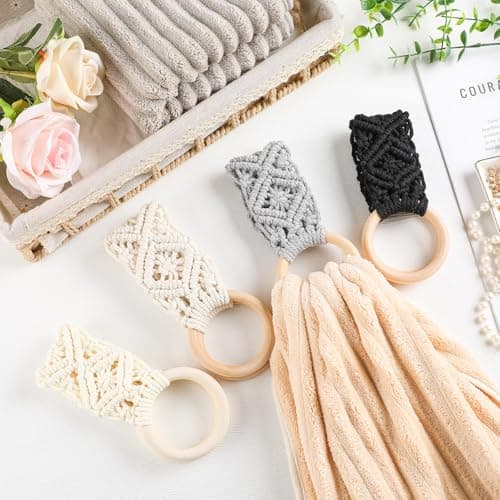 Tioncy 4 Pcs Kitchen Dish Towel Holder Mother's Day Gifts Boho Handmade Crochet Hanging Towels Loop Ring Knit Towel Hanger for Cabinet House Oven Stove Door, 4 Colors(Gray) 7