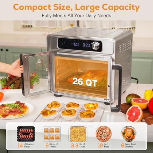 Romswi 26QT French Door Air Fryer Toaster Oven Combo, 24 Cooking Functions and Digital Controls, Fits 12" Pizza, 6 Slices of Toast, Rotisserie 6lb Chicken, 6 Accessories Included 5