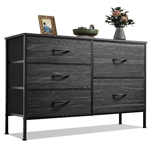 WLIVE Dresser for Bedroom with 5 Drawers, Wide Dressers with Drawer Organizers, Chest of Drawers, Fabric Dresser for Living Room, Closet, Hallway, Charcoal Black Wood Grain Print
