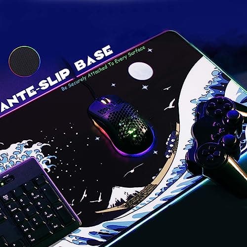 Gaming Laptop Mouse Pad,Sea Wave Big Mice Pads PC Keyboard Waterproof and Non-Slip 31.5 x 11.9 0.12" Thick XL,XXL Rubber Table Mat, RGB Led with 10 Lighting Modes+9 Color Changing Modes Mat 6